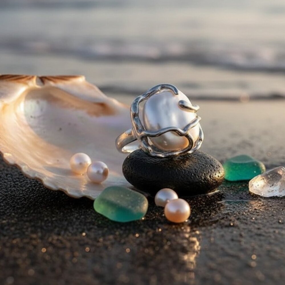 925 Sterling Silver Sculptural Faux Baroque Pearl Statement Ring Adjustable 6-9 - Picture 10 of 16
